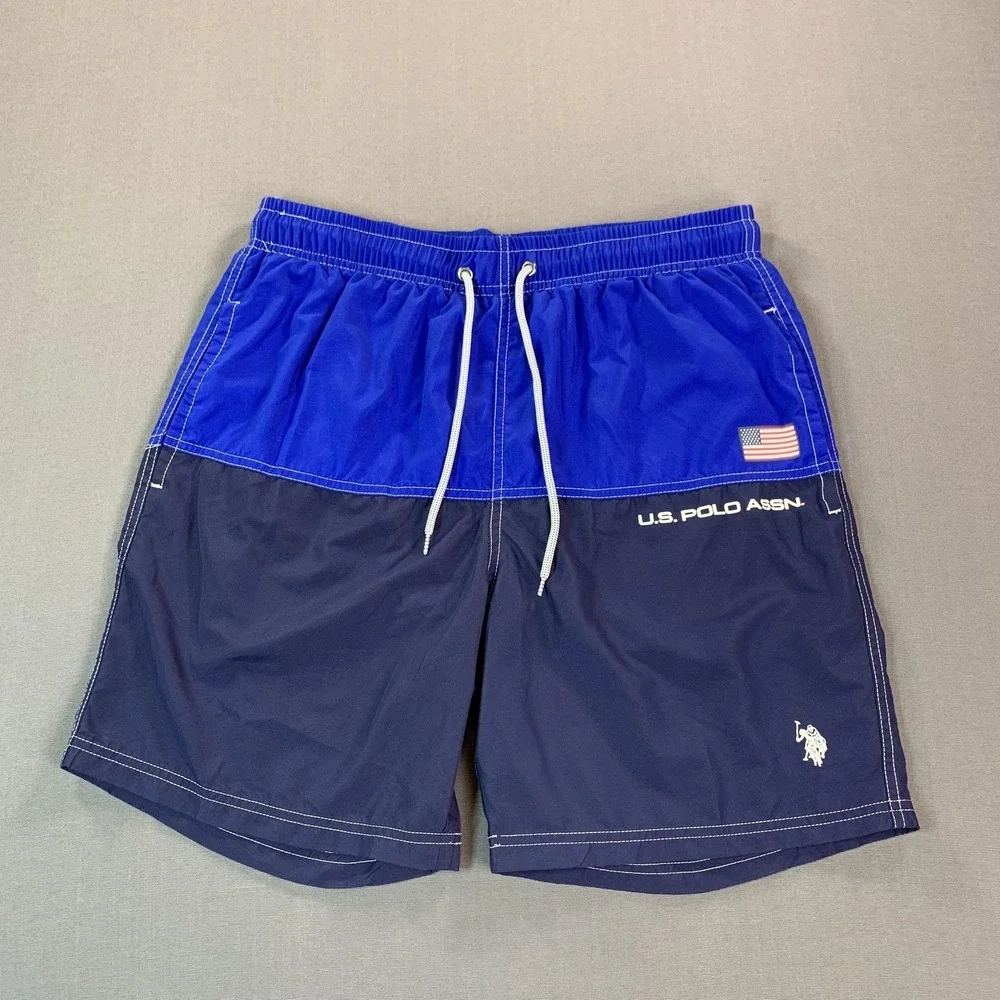 U.S. Polo Assn. Swim Trunks‎ Mens Medium Blue Colorblock Flag Mesh Lined USA